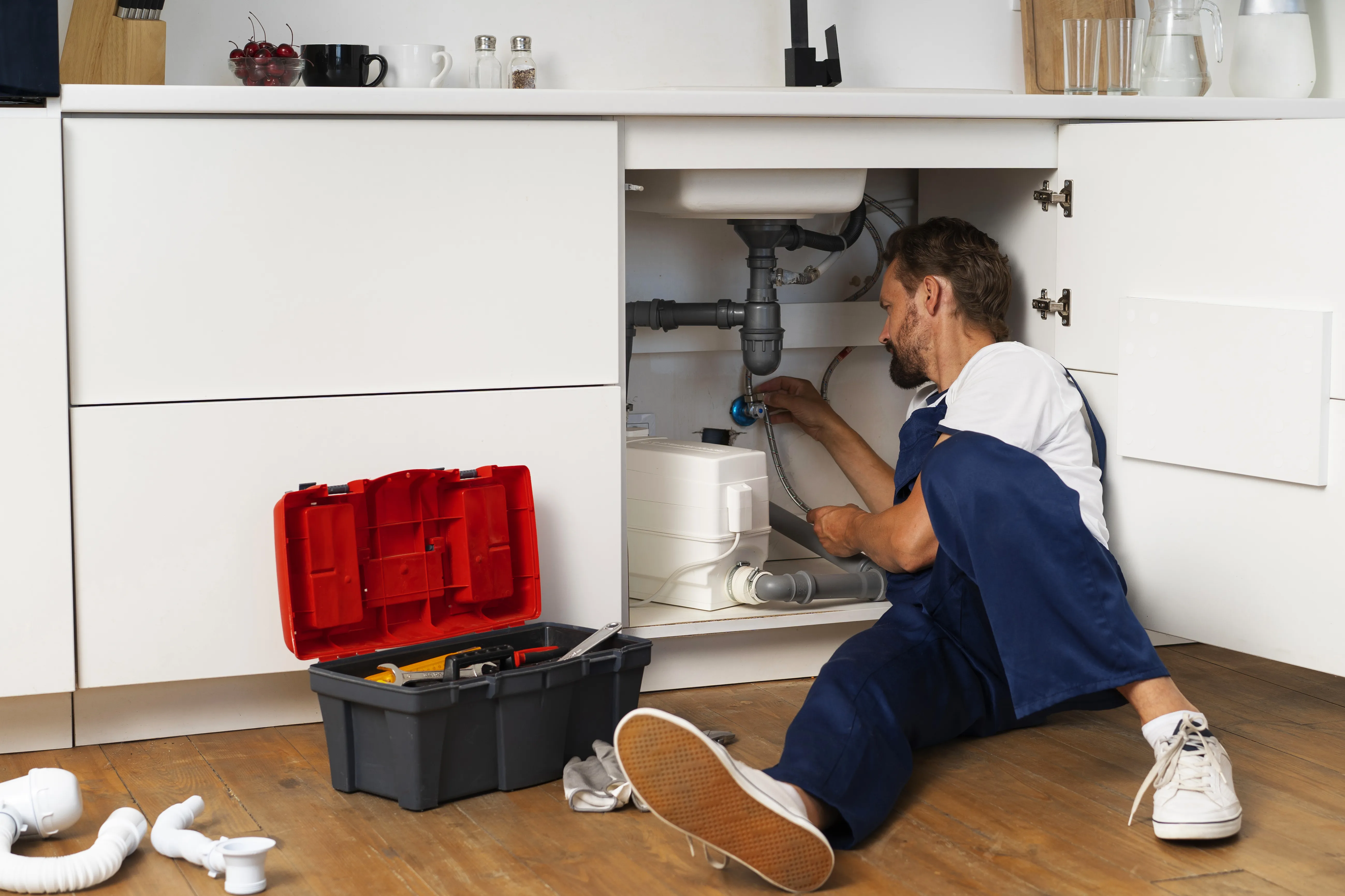 plumber working on pipes under a sink